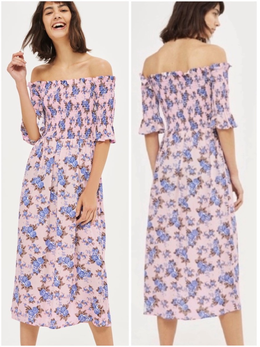 TopShop Shirred Floral Bardot Dress 🌸🌿